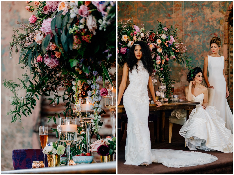 3 models wearing wedding gowns in Wedding styled photography shoot in monastery. Champagne, floral arrangements, wedding rings. 