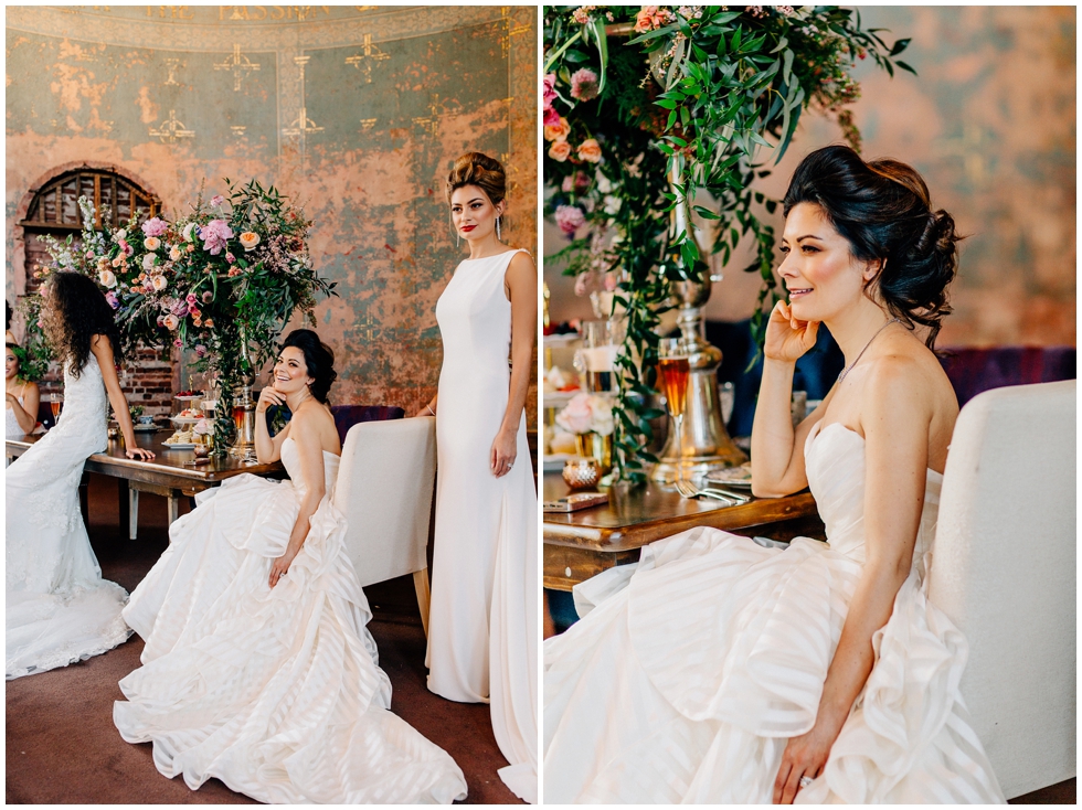 4 models at wedding styled photography shoot at tea party in wedding gowns. 