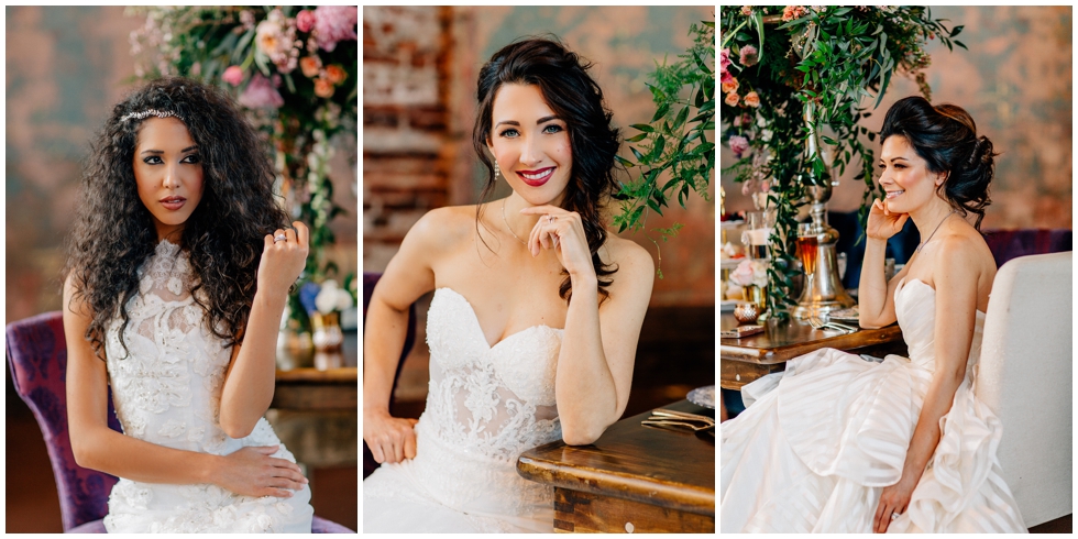 3 bridal models wearing wedding gowns at wedding styled photography shoot in monastery in Cincinnati, Ohio. 