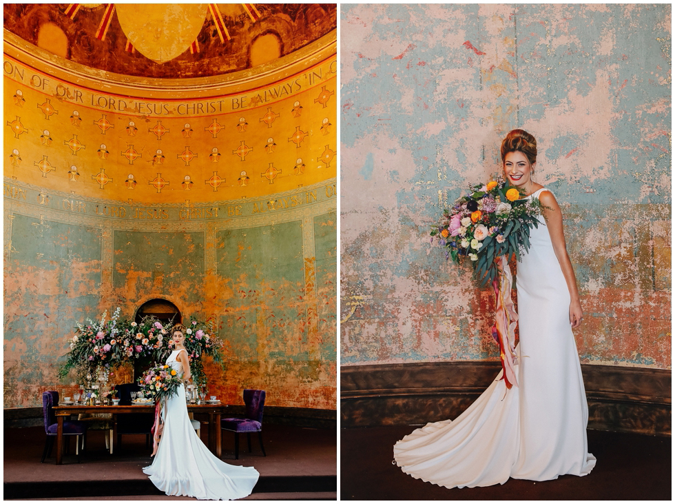 Two models wearing Gowns and Veil: Provided by Hyde Park Bridal. Designers featured: Hayley Paige and Pronovias. Styled by Dara Michelle. Monastery walls background. 